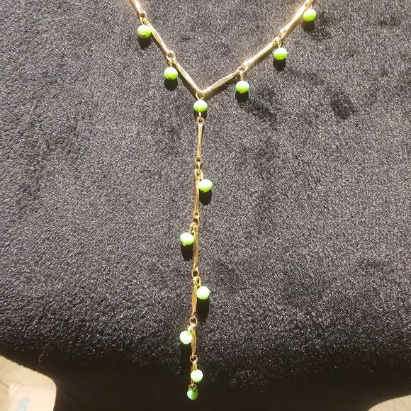 Gold Tone Green Stone Layered Necklace & Earring Set Boho Modern Jewelry - Picture 6 of 8